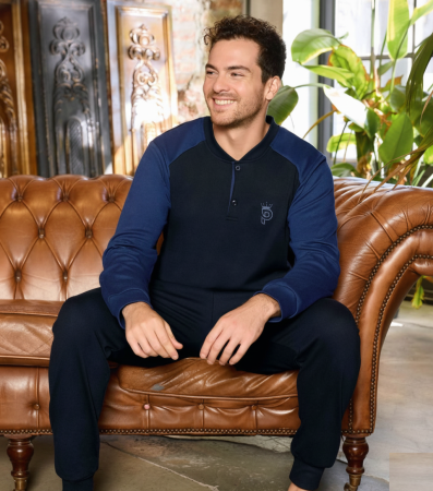 Pijamale barbati bumbac - Pijama lunga bumbac interlock pentru barbati, negru/bleumarin 5902