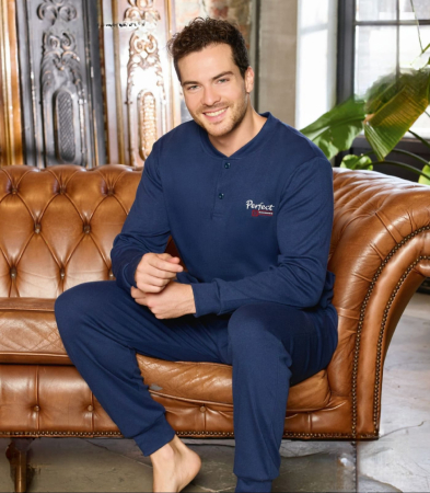 Pijamale - Pijama lunga bumbac interlock pentru barbati, bleumarin 5898