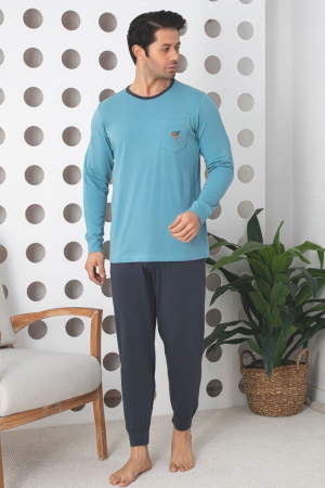 Pijamale barbati bumbac - Pijama lunga bumbac lycra pentru barbati, bleu 903