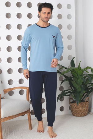 Pijamale barbati bumbac - Pijama lunga bumbac lycra pentru barbati, bleu 904