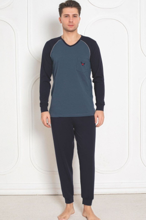 Pijamale barbati bumbac - Pijama lunga bumbac lycra pentru barbati, bleumarin 906
