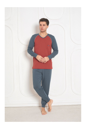 Pijama lunga bumbac lycra pentru barbati, bleumarin/caramiziu 907 [2]