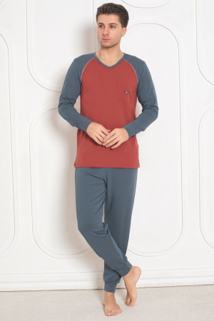 Pijamale barbati bumbac - Pijama lunga bumbac lycra pentru barbati, bleumarin/caramiziu 907