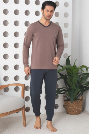 Pijamale - Pijama lunga bumbac lycra pentru barbati, gri/bej 902