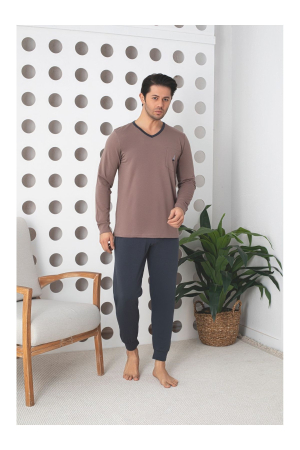 Pijama lunga bumbac lycra pentru barbati, gri/bej 902 [2]