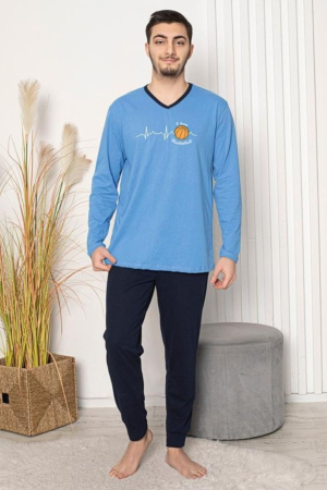 Pijamale barbati bumbac - Pijama lunga bumbac pentru barbati, albastru 502