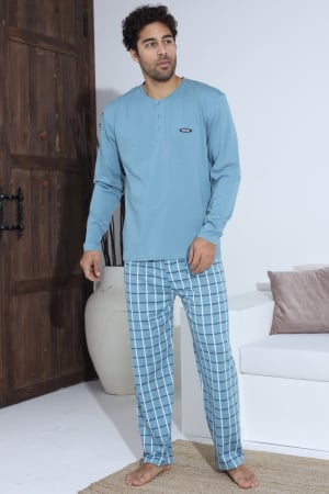 Pijamale barbati bumbac - Pijama lunga bumbac pentru barbati, albastru 70013