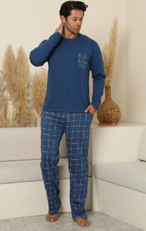 Pijamale barbati bumbac - Pijama lunga bumbac pentru barbati, albastru 70076