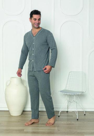 Pijamale barbati bumbac - Pijama lunga bumbac pentru barbati, cu nasturi gri 1325