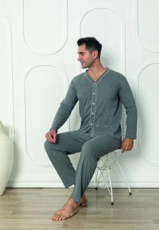 Pijama lunga bumbac pentru barbati, cu nasturi gri 1325 [2]