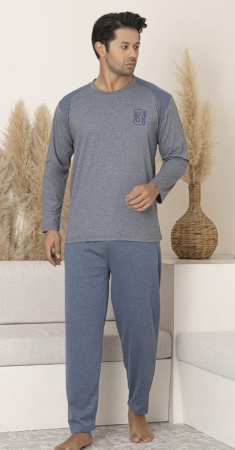 Pijamale barbati bumbac - Pijama lunga bumbac pentru barbati gri/albastru 16203