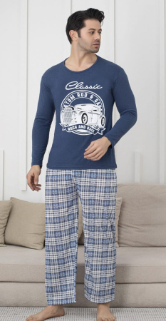 Pijamale barbati bumbac - Pijama lunga bumbac pentru barbati bleumarin 15693