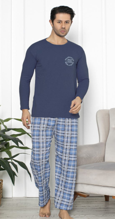 Pijamale barbati bumbac - Pijama lunga bumbac pentru barbati, batal marime mare albastru 16232