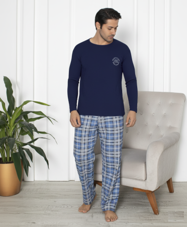 Pijamale barbati bumbac - Pijama lunga bumbac pentru barbati, batal marime mare bleumarin 16232