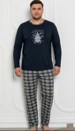 Pijamale barbati bumbac - Pijama lunga bumbac pentru barbati, batal marime mare bleumarin 2644