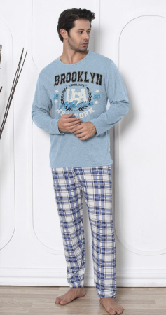 Pijamale barbati bumbac - Pijama lunga bumbac pentru barbati albastru 15706