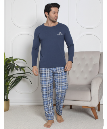 Pijamale barbati - Pijama lunga bumbac pentru barbati, batal marime mare albastru 16233