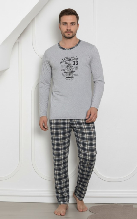 Pijamale barbati bumbac - Pijama lunga bumbac pentru barbati, batal marime mare gri 833