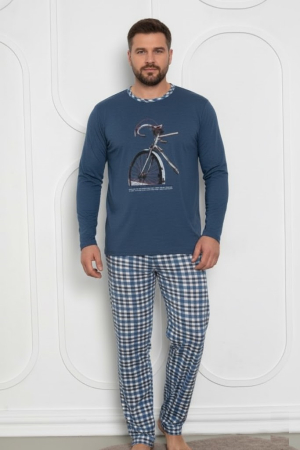 Pijamale barbati bumbac - Pijama lunga bumbac pentru barbati, batal marime mare albastru 831