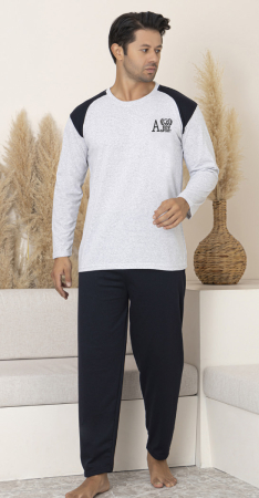 Pijamale barbati bumbac - Pijama lunga bumbac pentru barbati, batal marime mare cu alb/negru 16202/3