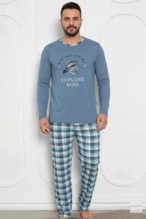 Pijamale barbati bumbac - Pijama lunga bumbac pentru barbati, batal marime mare albastru 2662