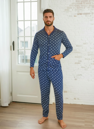 Pijamale barbati bumbac - Pijama lunga bumbac pentru barbati, batal marime mare cu nasturi 16200