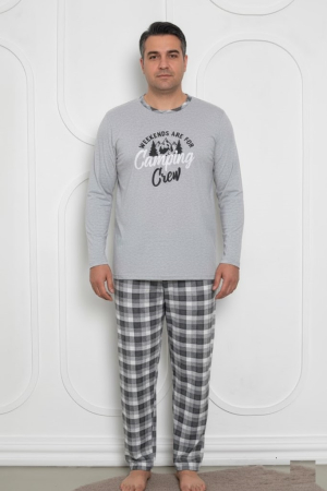 Pijamale barbati bumbac - Pijama lunga bumbac pentru barbati, batal marime mare gri 835