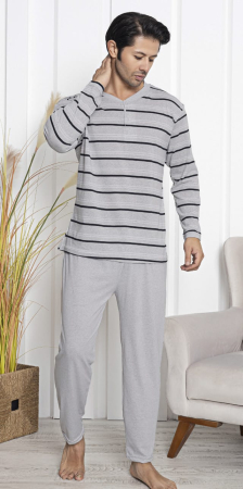 Pijamale barbati bumbac - Pijama lunga bumbac pentru barbati, batal marime mare gri 16184