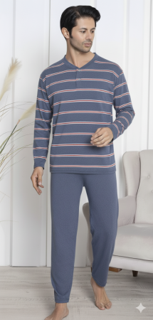 Pijamale barbati bumbac - Pijama lunga bumbac pentru barbati, batal marime mare gri/albastru 16184