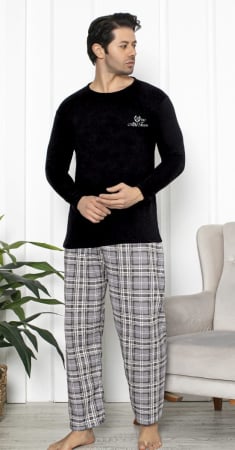 Pijamale barbati bumbac - Pijama lunga bumbac pentru barbati, batal marime mare negru 16233