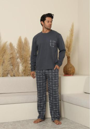 Pijamale - Pijama lunga bumbac pentru barbati cu buzunare la pantaloni, gri 70071