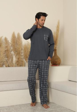 Pijama lunga bumbac pentru barbati cu buzunare la pantaloni, gri 70071 [2]