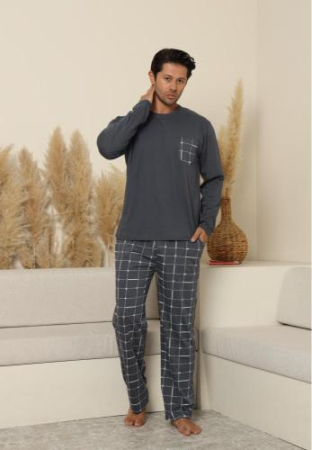 Pijama lunga bumbac pentru barbati cu buzunare la pantaloni, gri 70071 [3]