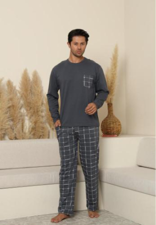 Pijama lunga bumbac pentru barbati cu buzunare la pantaloni, gri 70071 [4]