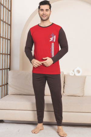 Pijamale barbati bumbac - Pijama lunga bumbac pentru barbati, maro/visiniu 1207