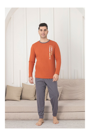 Pijamale - Pijama lunga bumbac pentru barbati, gri portocaliu 1205