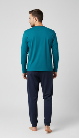 Pijama lunga bumbac pentru barbati, bluza turcoaz, pantaloni negru [2]