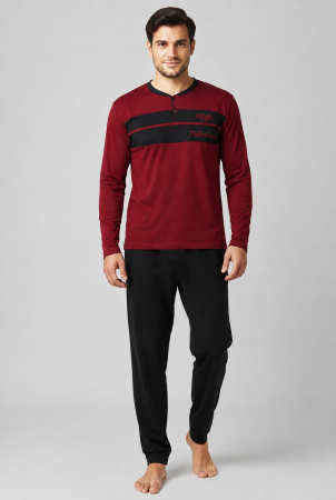 Pijamale barbati bumbac - Pijama bumbac Barbati Bordo cu Pantaloni Negri, Bluza cu Maneca Lunga