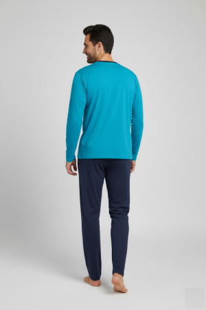 Pijama lunga bumbac pentru barbati, bluza albastru, pantaloni negru [1]