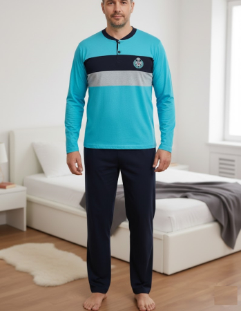 Pijamale barbati bumbac - Pijama lunga bumbac pentru barbati, bluza bleu, pantalon negru