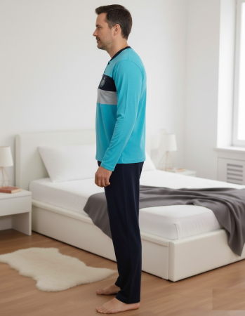 Pijama lunga bumbac pentru barbati, bluza bleu, pantalon negru [2]