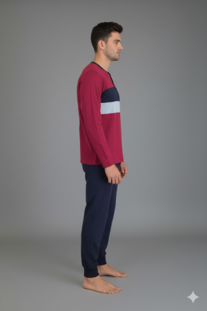 Pijama lunga bumbac pentru barbati, bluza visiniu, pantaloni negru [1]
