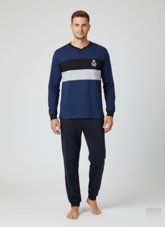 Pijamale barbati bumbac - Pijama lunga bumbac pentru barbati, bluza bleumarin, pantaloni negru