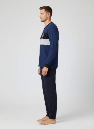 Pijama lunga bumbac pentru barbati, bluza bleumarin, pantaloni negru [2]