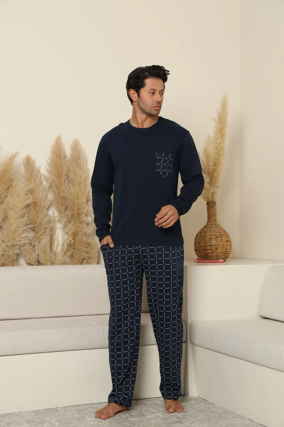 Pijama lunga bumbac pentru barbati cu buzunare la pantaloni bleumarin inchis 70077 [5]