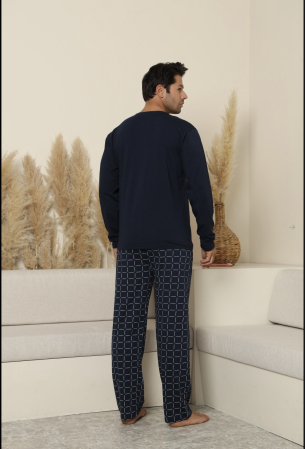 Pijama lunga bumbac pentru barbati cu buzunare la pantaloni bleumarin inchis 70077 [2]
