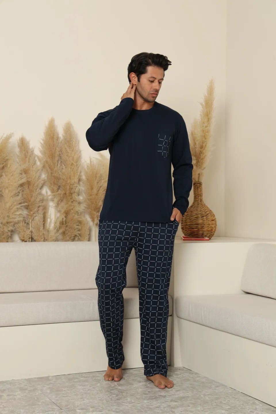 Pijama lunga bumbac pentru barbati cu buzunare la pantaloni bleumarin inchis 70077 [4]