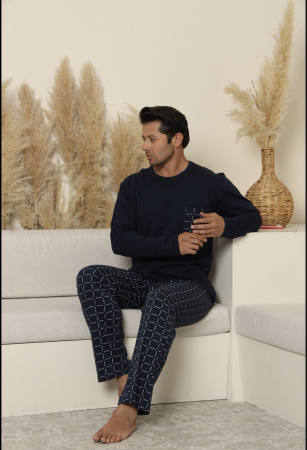 Pijama lunga bumbac pentru barbati cu buzunare la pantaloni bleumarin inchis 70077 [3]