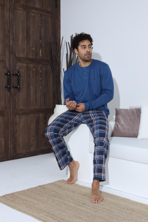 Pijama lunga bumbac pentru barbati cu buzunare la pantaloni albastru 70007 [1]