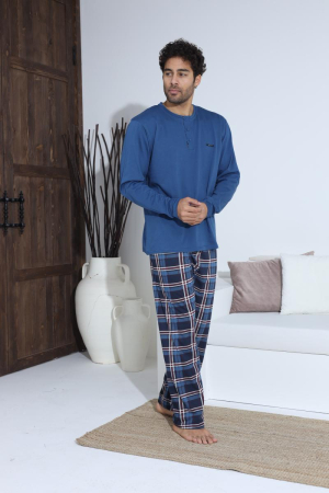 Pijama lunga bumbac pentru barbati cu buzunare la pantaloni albastru 70007 [2]